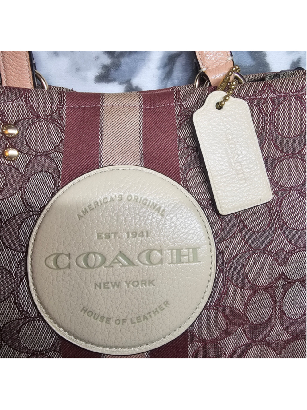 Burgundy 29Coach Dempsey Tote 22 in Signature Jacquard with Stripe & Patch - Picture 3 of 12